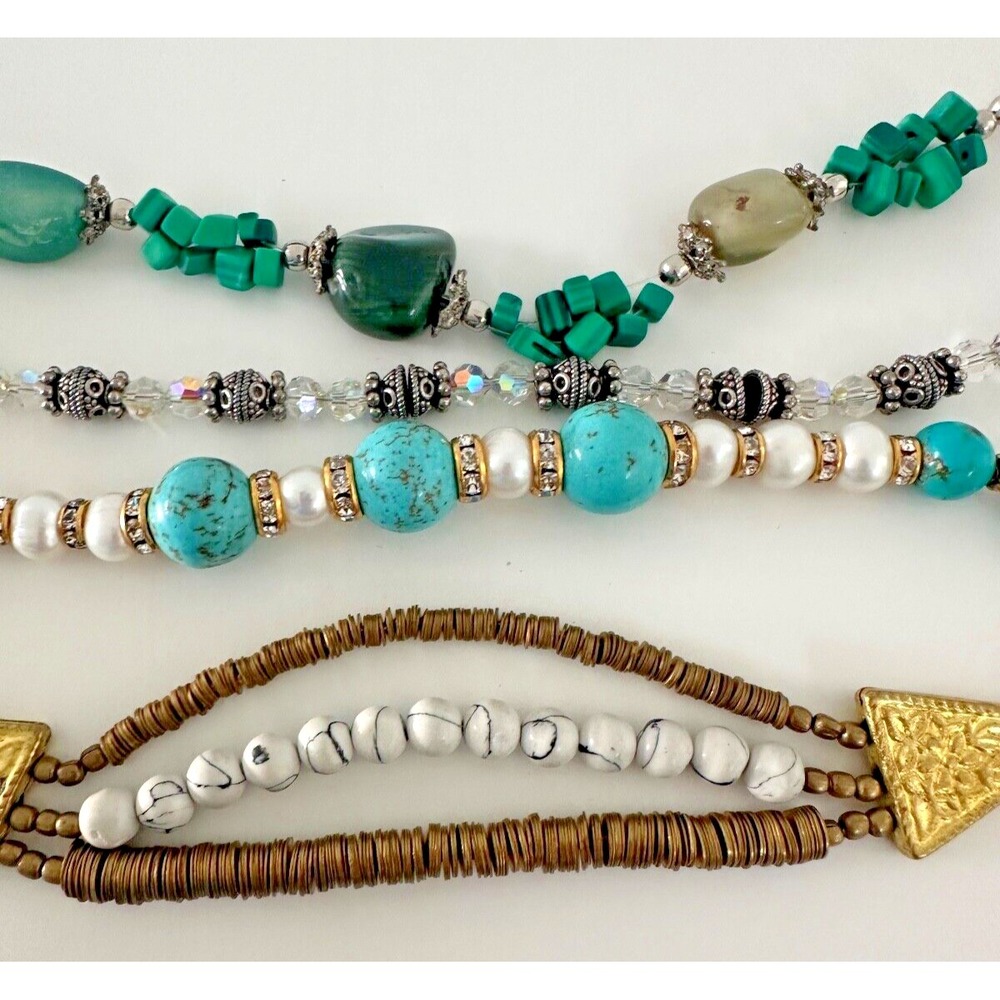 Beaded Bracelets Green Quartz Blue Crystal Silver Gold Tones Set of 4
